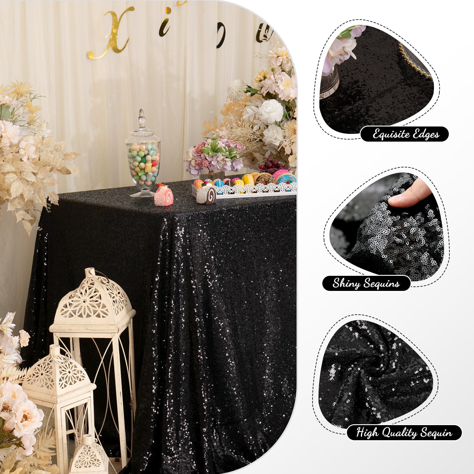 Partydelight Sequin Tablecloth, Wedding, Sweetheart, Christmas Tree, Rectangular, 48''X72'', Black